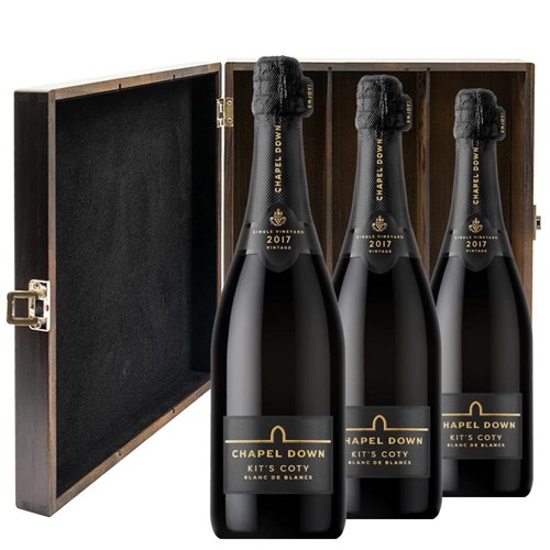 Chapel Down Kits Coty Blanc de Blancs 2017 Vintage English Sparkling 75cl Treble Elm Wood Gift Boxed (3x75cl)